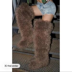 AZALEA WANG TEMPLETON TAUPE FAUX POODLE FUR OVER THE KNEE BOOT